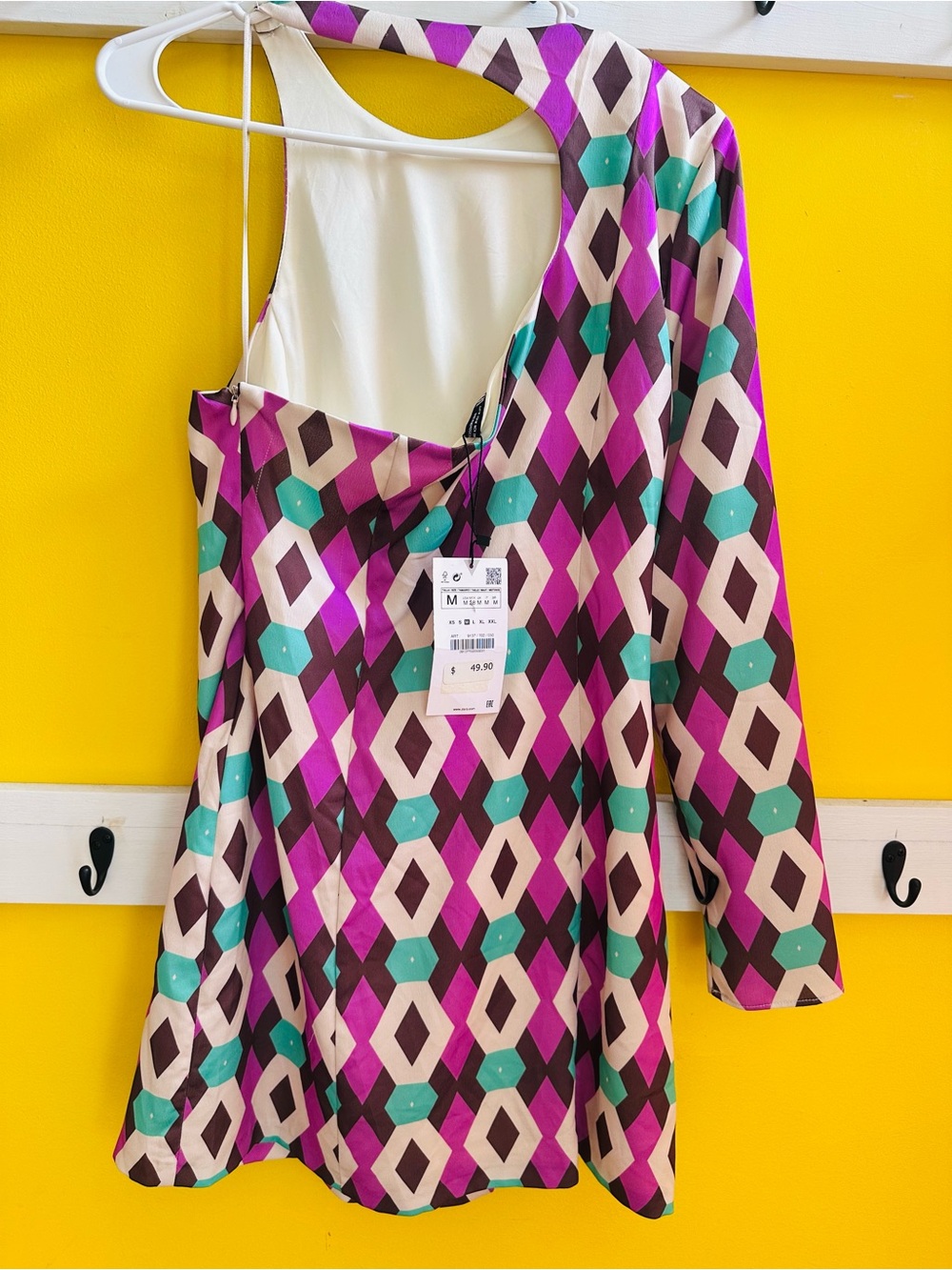 Zara Geometric One-Shoulder Dress in Pink, Teal & Brown